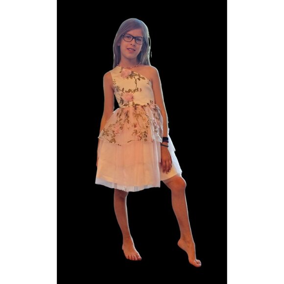 Pink Floral One Shoulder Childs Dress - Picture 2 of 7